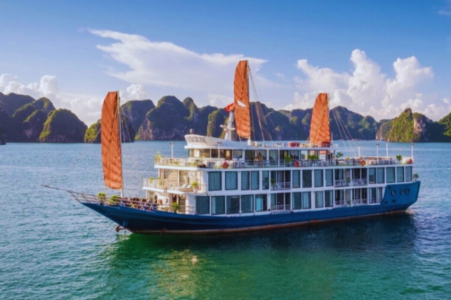 Traditional junk boat with red sails on Halong Bay Cruise by Auasia Travel
